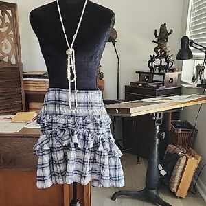 Plaid Skirt Max Studio London Size 10 Blue and White Ruffle Side Zip